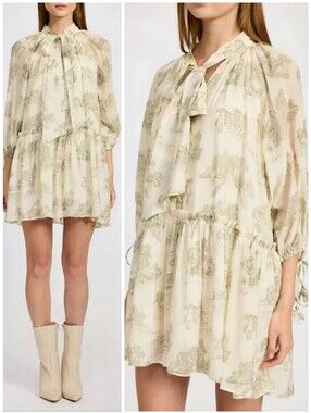 En Saison Cream Green Tie Neck Leighton Toile Dress, M